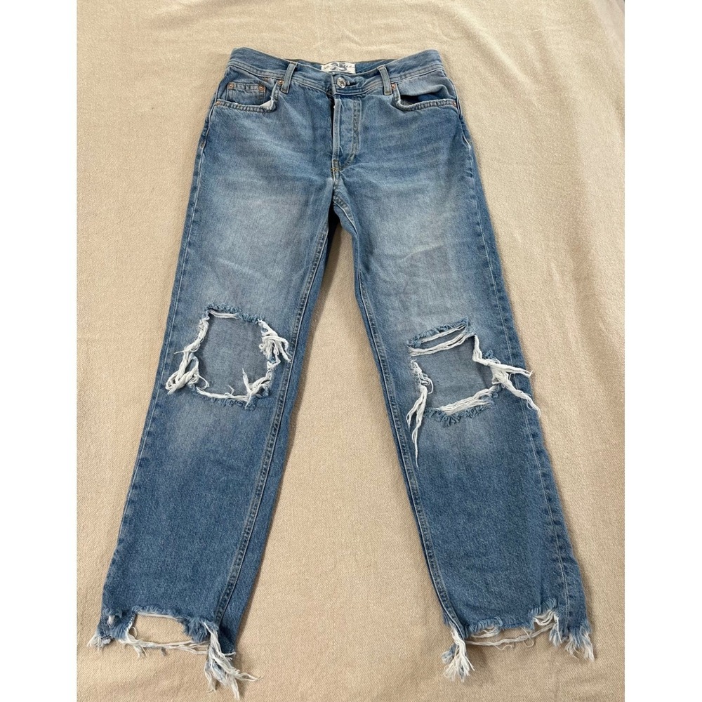Free People We The Free Distressed Straight Leg Jeans Womens 25 Denim Button EUC